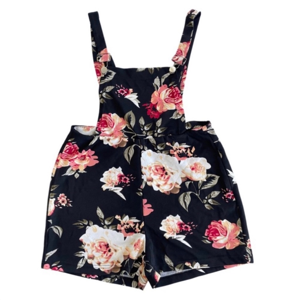 SHEIN Floral-Print Romper Overalls Shorts Multicolor Black Women's Size M|6